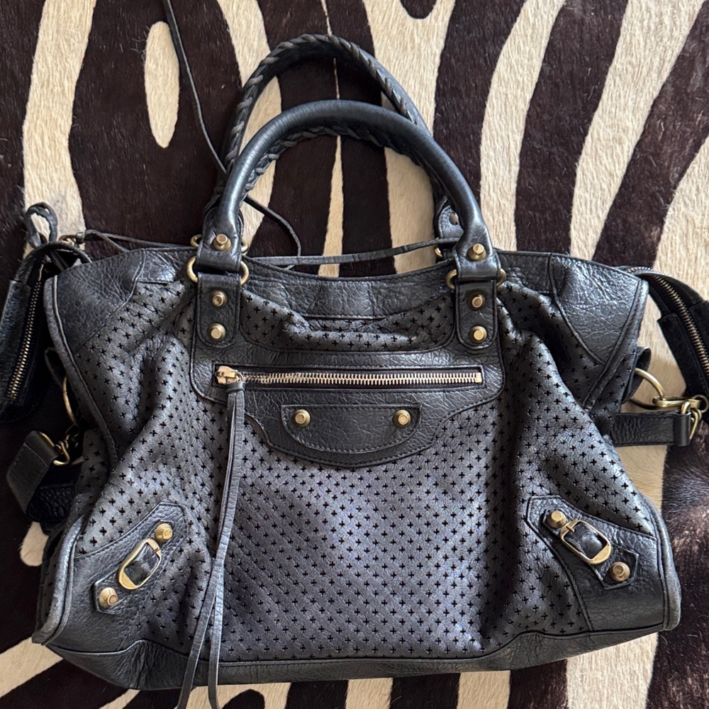 Balenciaga motocycle Black Perforated Leather Handbag